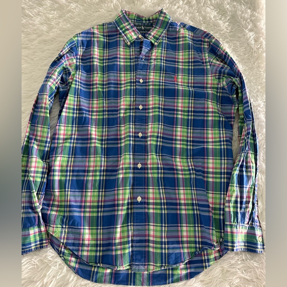 Ralph Lauren Button Down Mens Blue Colorful Plaid Preppy Shirt sz L